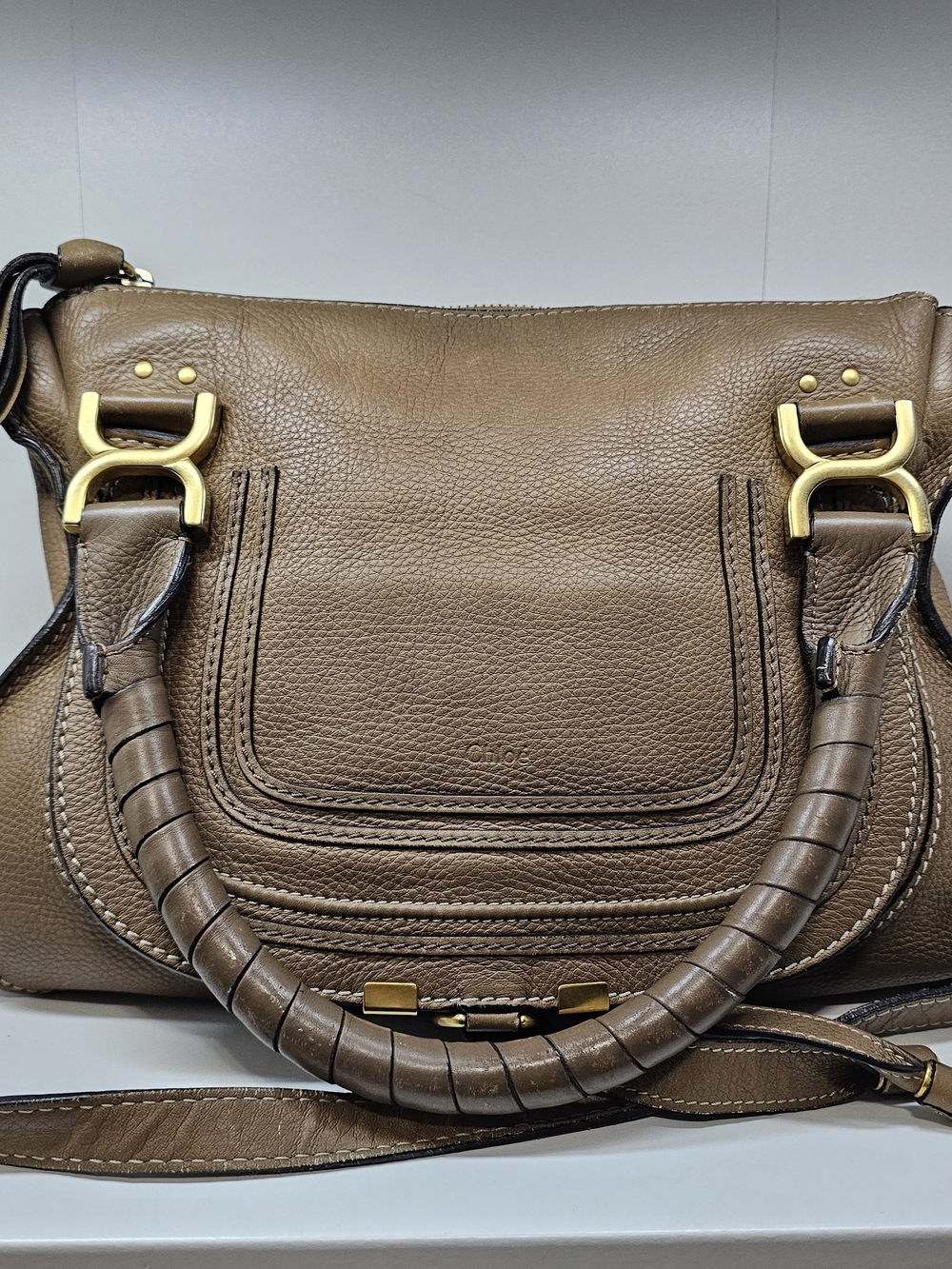 Chloe Marcie Tan Brown Leather Shoulder Bag with Gold Hardware